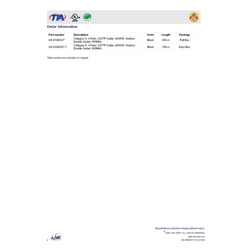 สายแลน CAT 6 UTP LINK OUT DOOR 305 M.