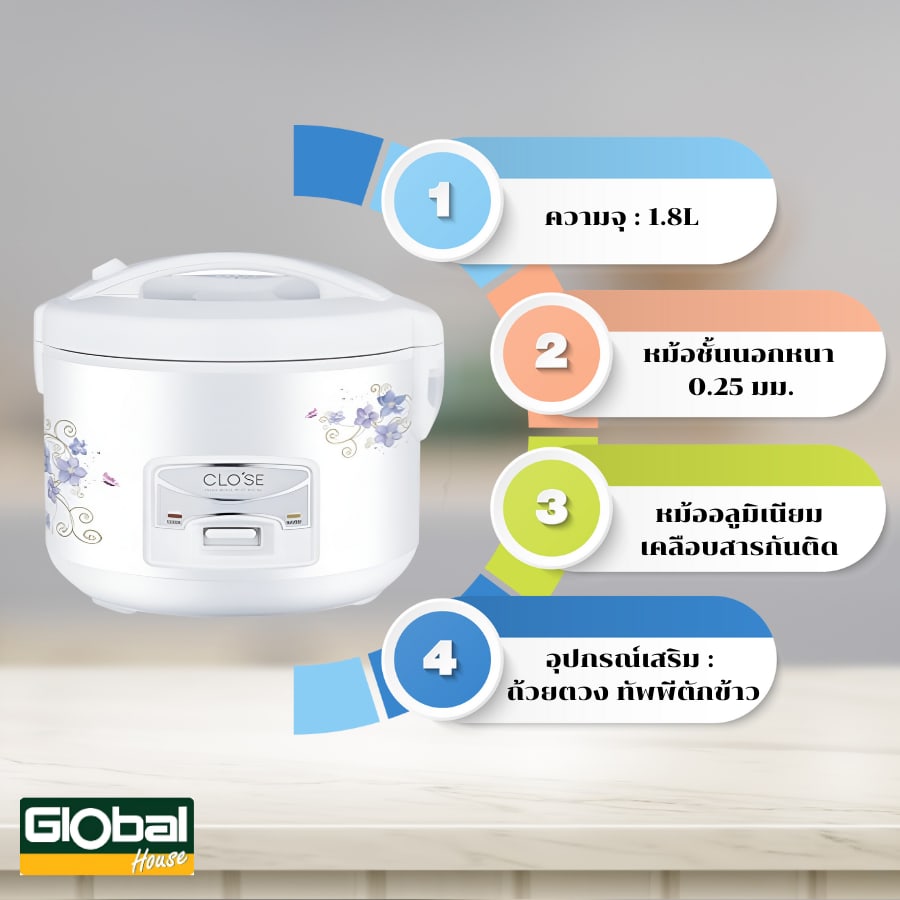 CLOSE หม้อหุงข้าว ความจุ 1.8 ลิตร รุ่น OT-RF09 (ลายดอกไม้สีม่วง) สีขาว