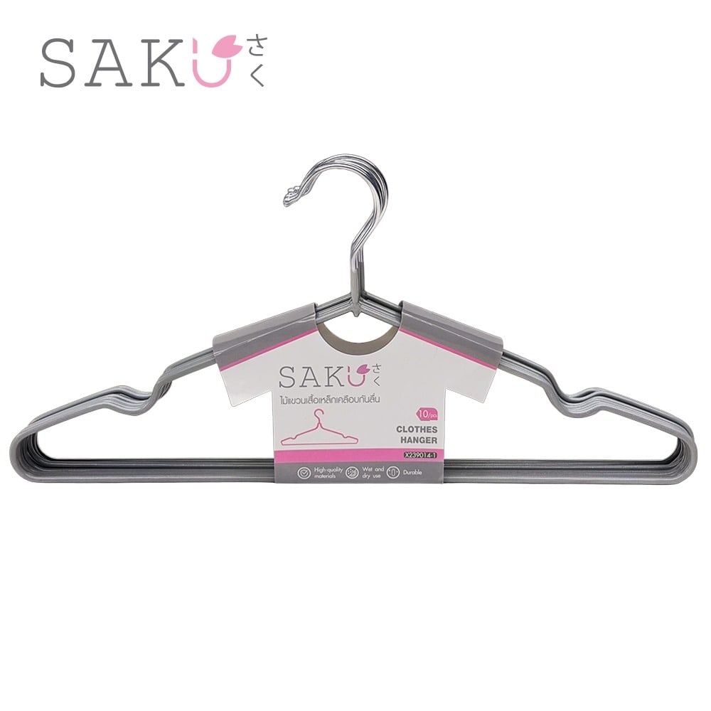 SAKU ไม้แขวนเสื้อเหล็กเคลือบกันลื่น แพ็ค 10 ชิ้น ขนาด 20.5x40x0.3 ซม. รุ่น X239014-1 สีเทา