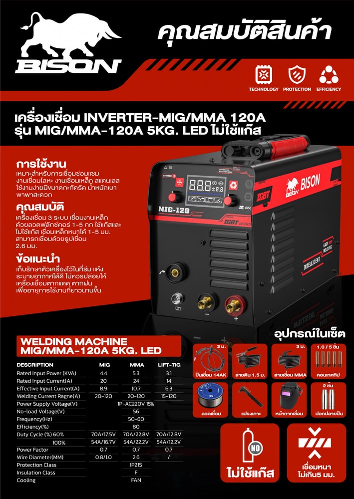 BISON เครื่องเชื่อม INVERTER MIG/MMA 120แอมป์ (LCD) รุ่น MIG/MMA-120A5K 5 กก. ไม่ใช้แก๊ส