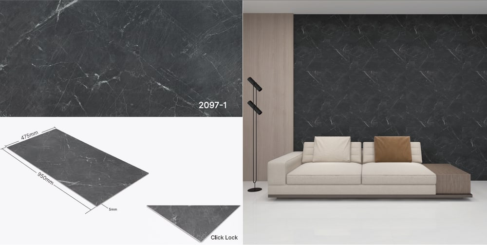 แผ่นปูผนัง SPC Click lock Wall Panel 950x475x4มม รุ่น 2097-1 Black Carrara Marble (2.7075ตรม./6แผ่น) TAPIO (Smooth)