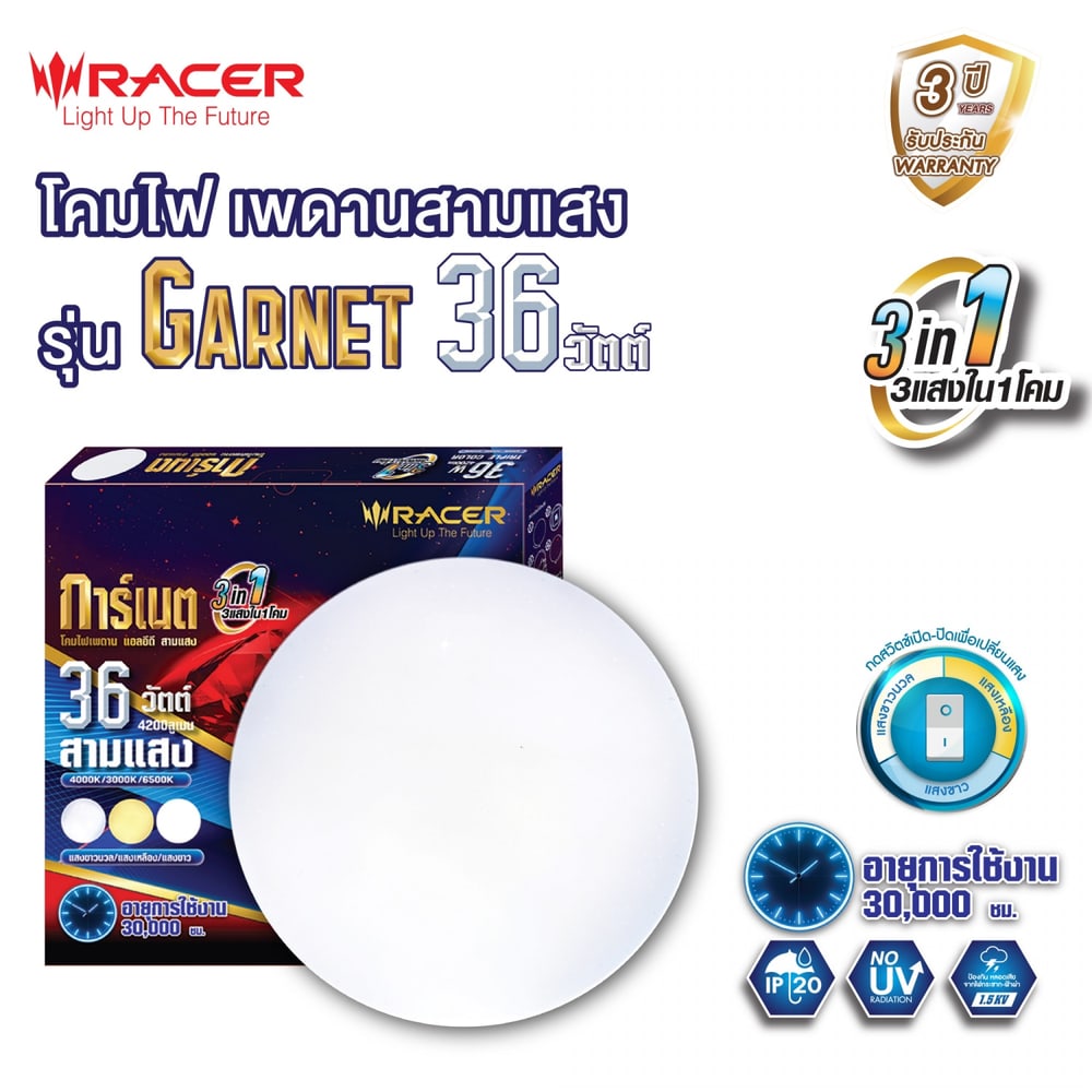 RACER โคมไฟเพดาน แอลอีดี สามแสง 36 วัตต์ รุ่น การ์เนต 02