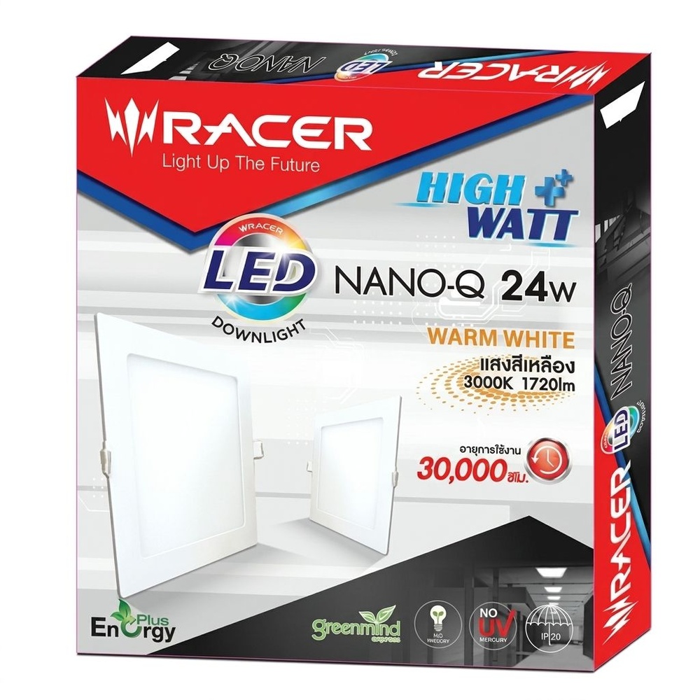 RACER โคมดาวน์ไลท์ LED แบบฝังฝ้าหน้าเหลี่ยม 24W รุ่น NANO-Q แสงวอร์มไวท์