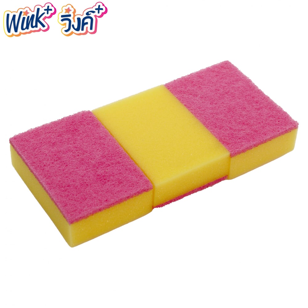 Wink Plus ฟองน้ำล้างจานเนื้อละเอียดพร้อมใยขัด แพ็ค 3 ชิ้น ขนาด 10x7 ซม. สีชมพู
