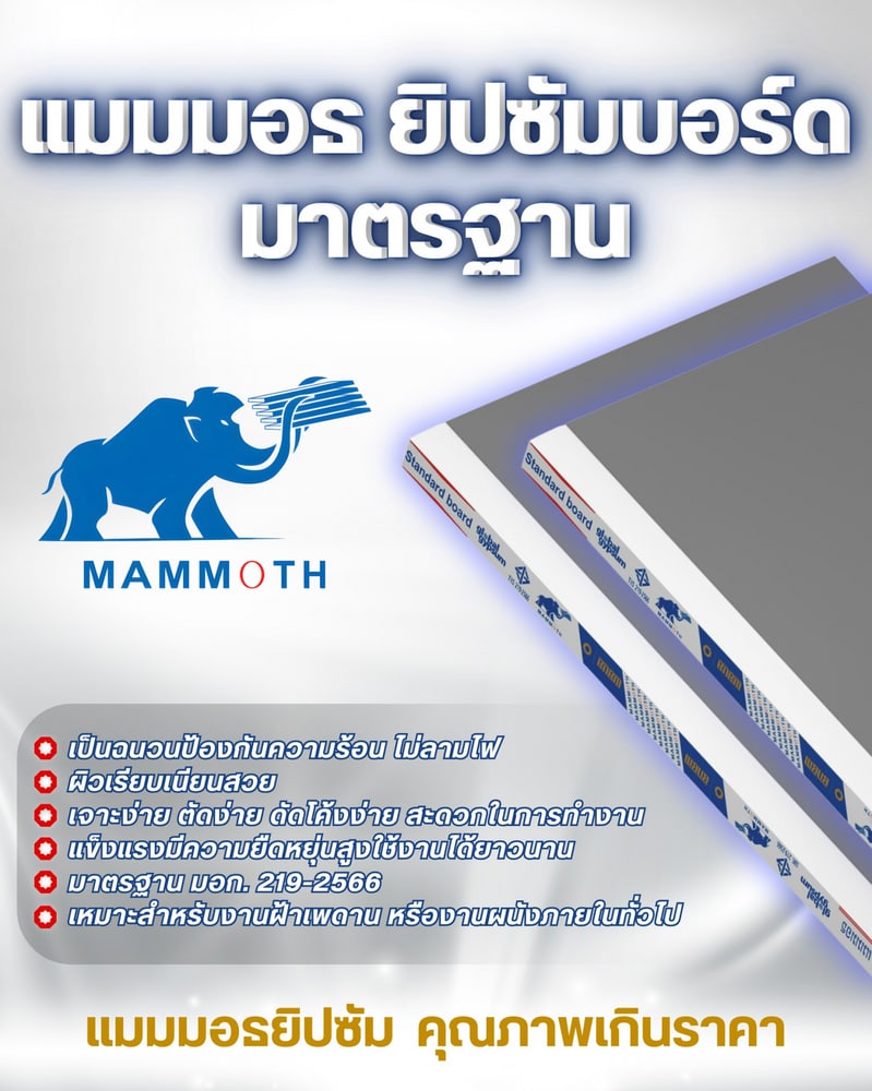 MAMMOTH ยิปซั่มบอร์ด รุ่นมาตรฐาน 0.9x120x240 ซม.ขอบลาด