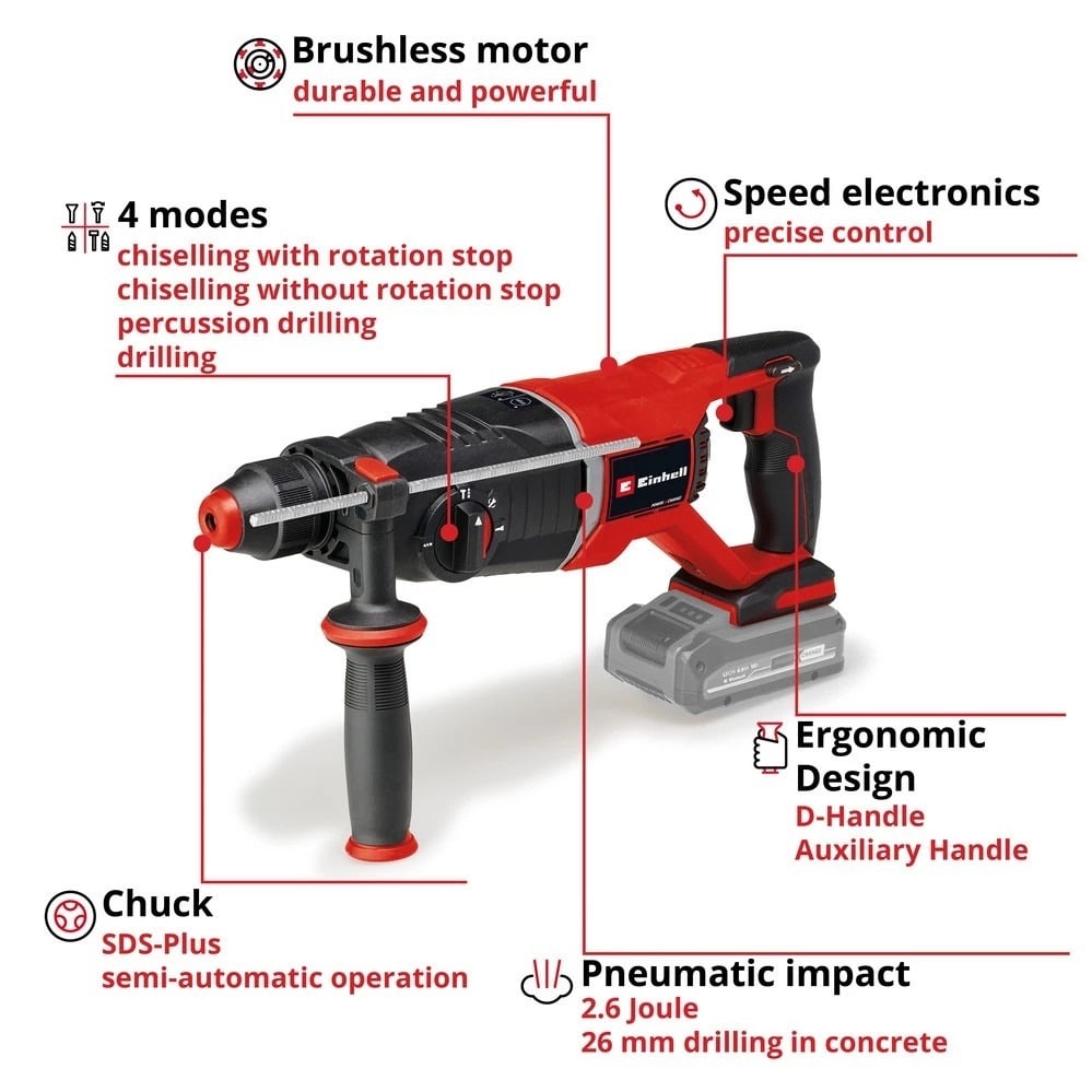 Einhell สว่านโรตารี่ไร้สาย 18V. 26มม. ด้ามจับรูปตัว D รุ่น TP-HD 18/26 D Li Brushless