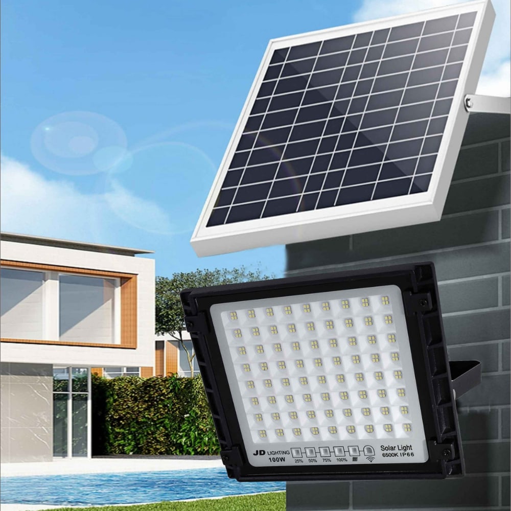 JD โคมไฟสปอร์ตไลท์โซลาร์เซลล์ 100W พร้อมรีโมท รุ่น JTGD-88100D +รีโมท IP65 แสงเดย์ไลท์