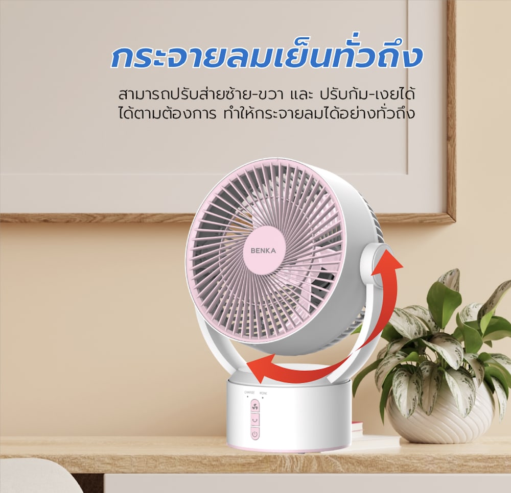 BENKA พัดลมตั้งโต๊ะชาร์จไฟแบบพกพา ขนาด 9 นิ้ว รุ่น KN-L2829 สีชมพู