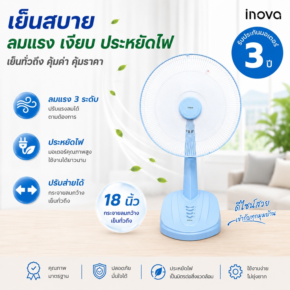 INOVA พัดลมตั้งโต๊ะ 18 นิ้ว รุ่นHG-A1801 สีฟ้า