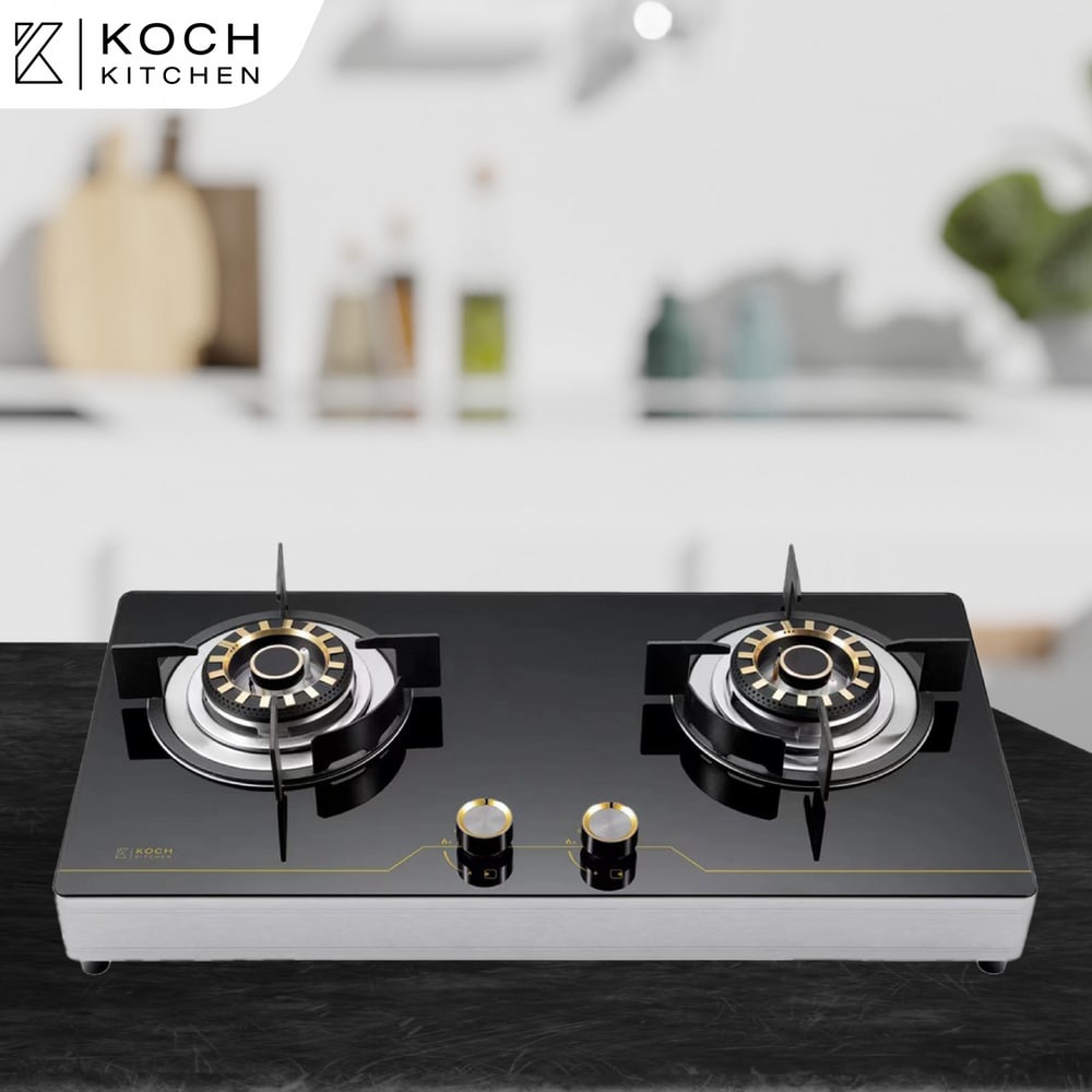 KOCH KITCHEN เตาแก๊สตั้งโต๊ะหน้ากระจก 2 หัวเตาทองเหลือง CAMERON สีดำ