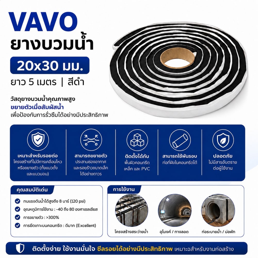 VAVO ยางบวมน้ำกันซึมสำหรับรอยต่อ ขนาด 20 x30 มม.ยาว 5เมตร สีดำ