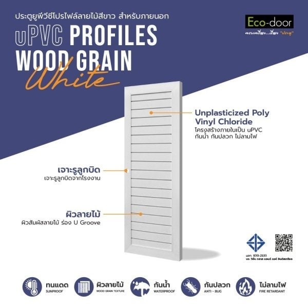 ECO-DOOR ประตู UPVC โปรไฟล์ รุ่น TLW ภายนอกและภายใน ขนาด 80x200 ซม. สีขาว (เจาะลูกบิด)