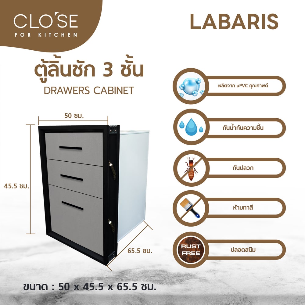 CLOSE ตู้ลิ้นชัก UPVC LABARIS ขนาด 45.5X65.5 ซม. สีเทา