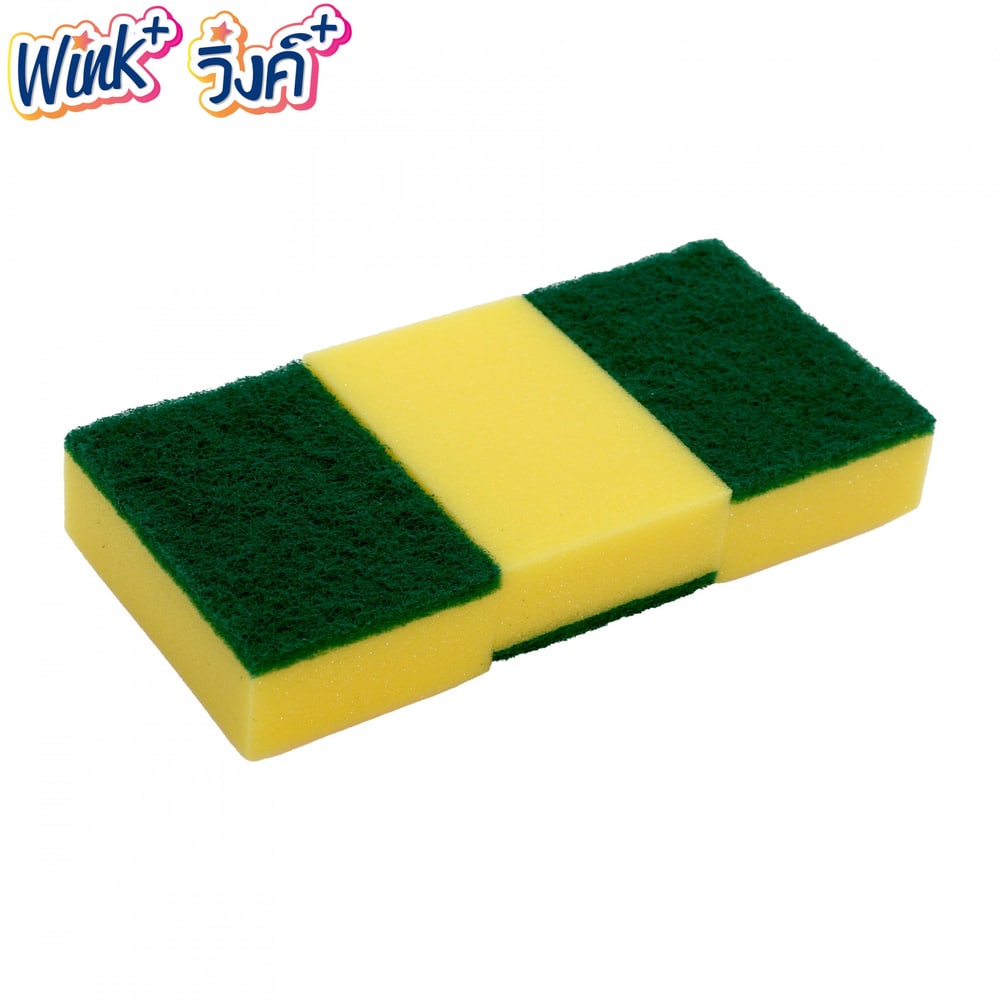 Wink Plus ฟองน้ำล้างจานพร้อมใยขัด แพ็ค 3 ชิ้น ขนาด 11x7.5x3.5 ซม. สีเหลือง/เขียว