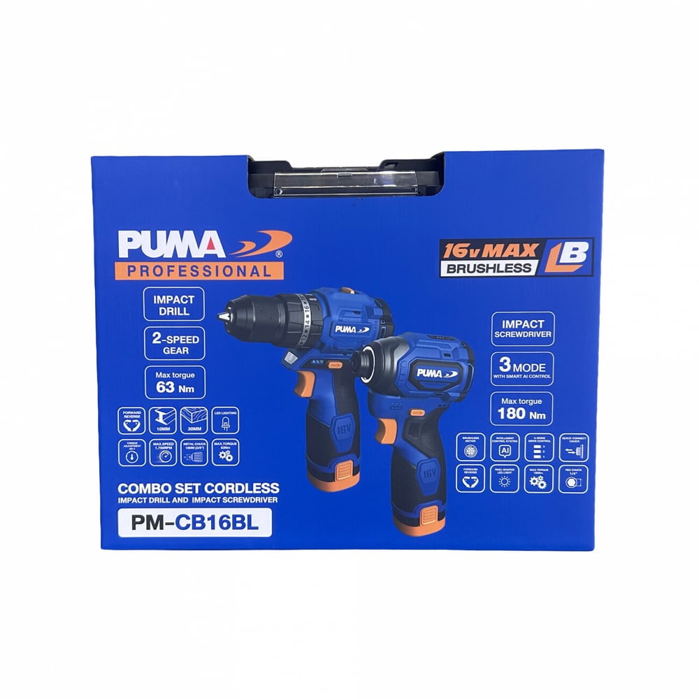 PUMA ชุดสว่านกระแทกไร้สาย+ไขควงกระแทกไร้สาย 16V รุ่น PM-CB16BL พร้อมแบต+แท่นชาร์จ