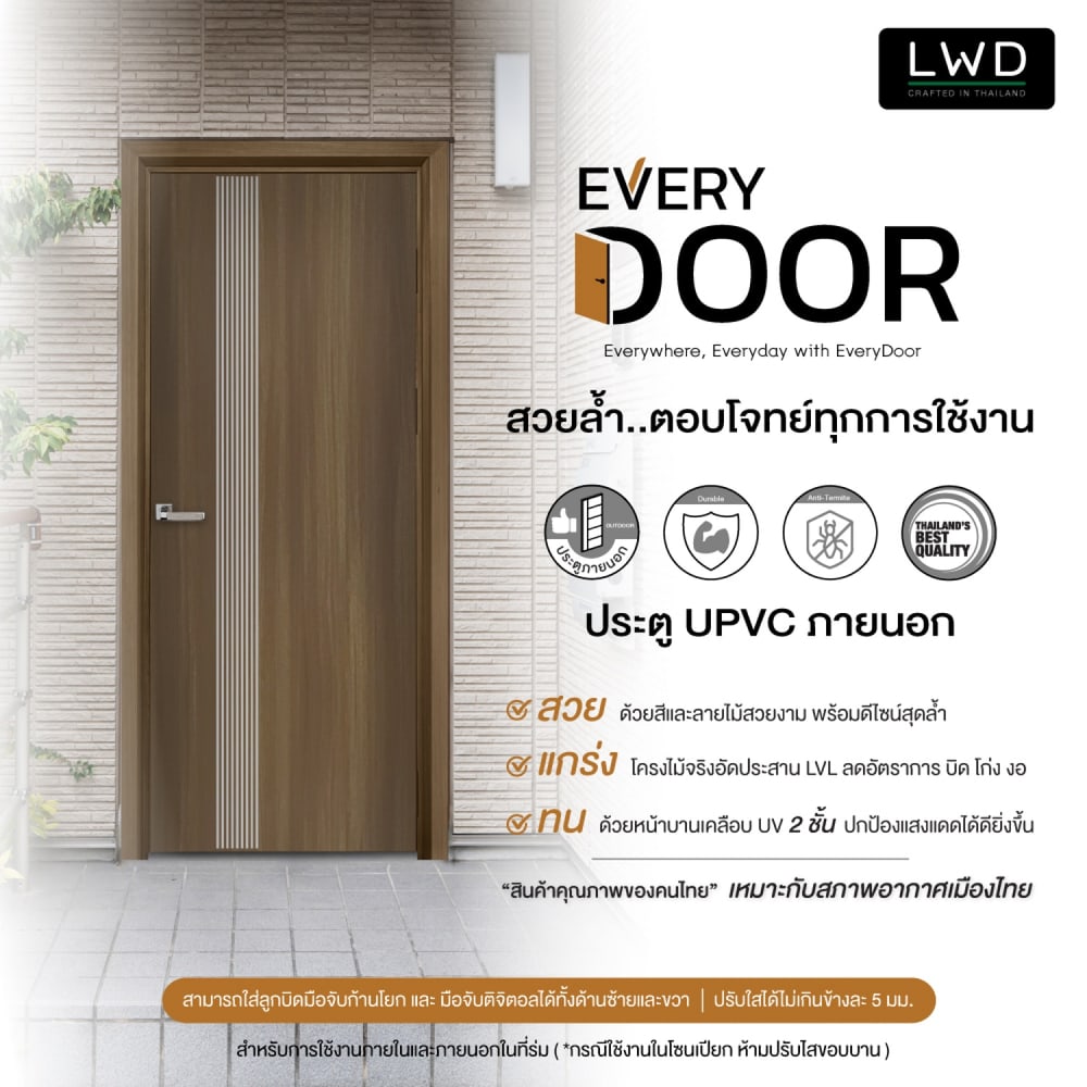 LWD ประตู UPVC ภายนอก EveryDoor รุ่น Pro สี Brownie Oak ลาย 1 ขนาด 90x200 ซม.