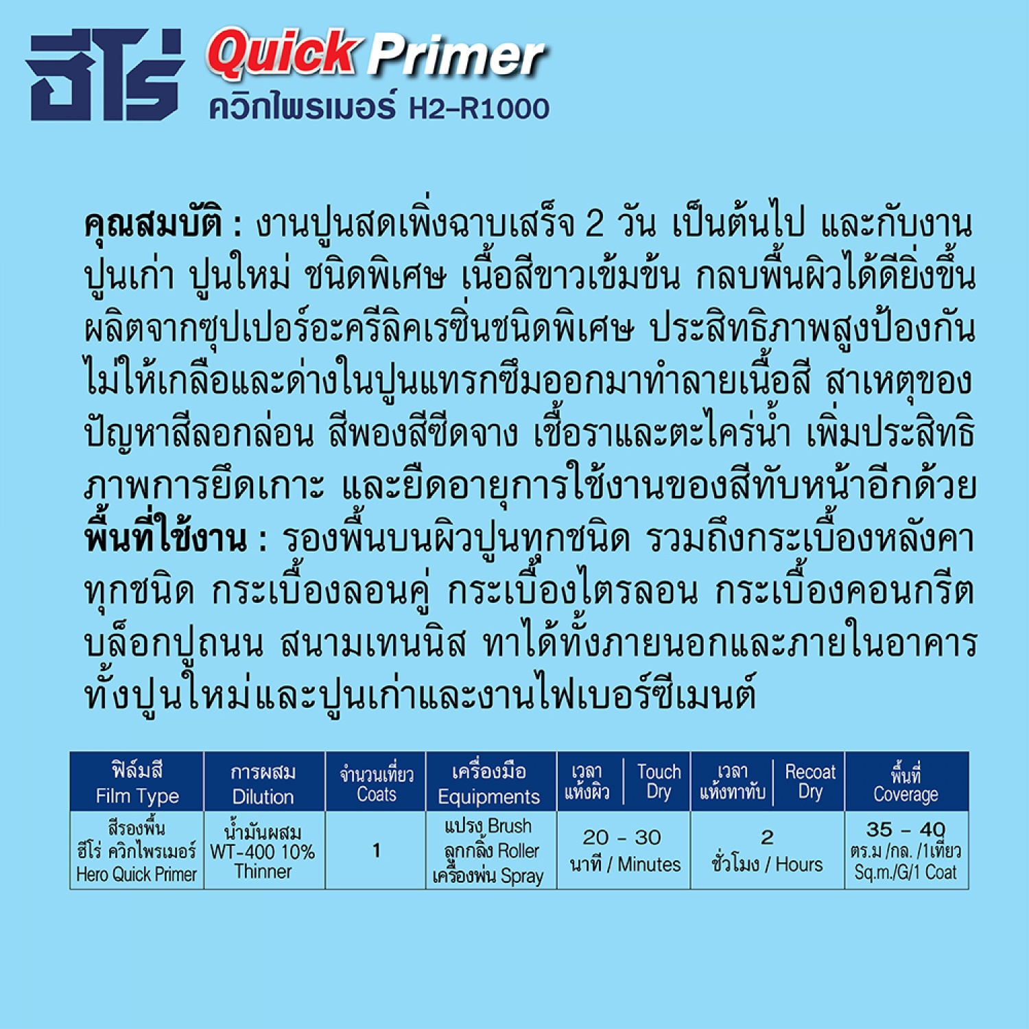 Hero สีรองพื้นควิ๊กไพรเมอร์ สูตรน้ำมัน H1000 1 กล. สีขาว