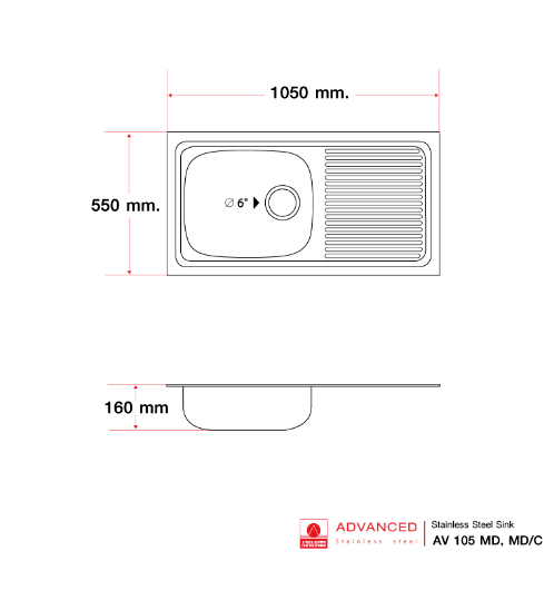 ADVANCED อ่างล้างจาน 1 หลุมมีที่พัก พร้อมสะดือ D ท่อน้ำทิ้งแบบย่น AV 105 MD/C