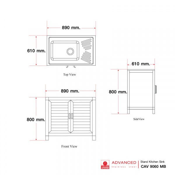 ADVANCED ตู้พร้อมอ่างล้างจานสเตนเลส 1 หลุมมีที่พัก 89x61x80 ซม. CAV-9060 MB1 สีขาว
