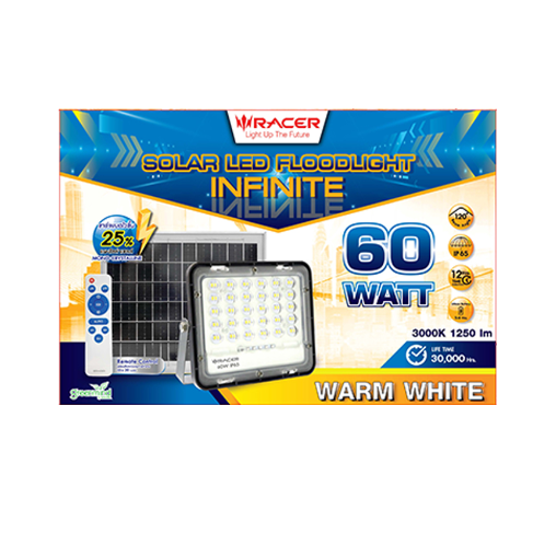RACER โคมฟลัดไลท์โซลาร์เซลล์ LED 60W IP65 3000K รุ่นอินฟินิต แสงวอร์มไวท์