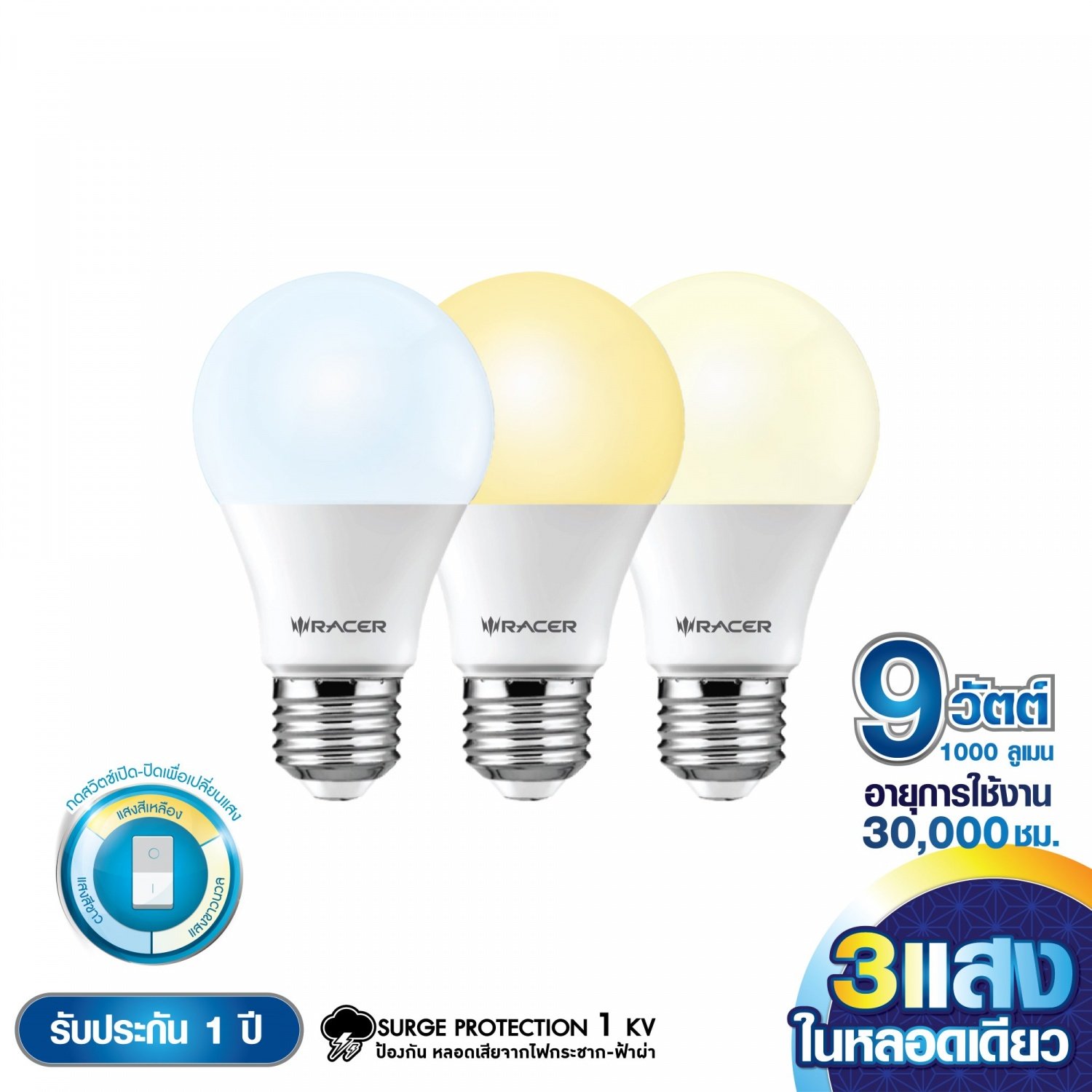 RACER หลอดLED BULB A60 9W E27 รุ่น KATIE สามแสง (แพ็กคู่)