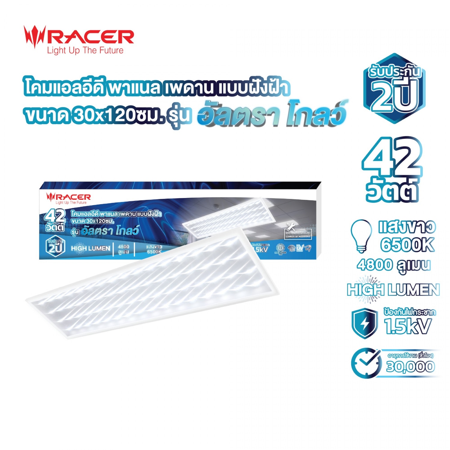 RACER โคมไฟพาแนล LED แบบฝังฝ้า 42W ขนาด 30x120cm. รุ่น อัลตรา โกลว แสงขาว