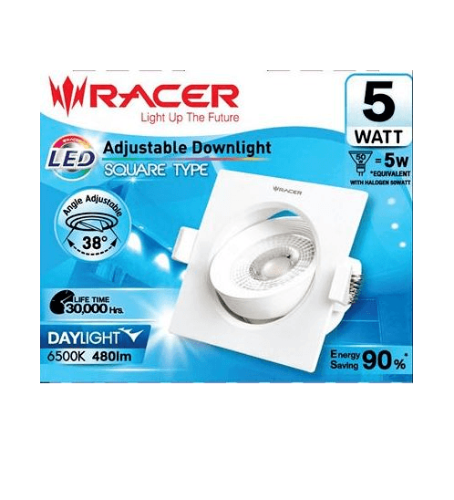 RACER โคมดาวน์ไลท์ LED แบบฝังฝ้าหน้าเหลี่ยม 3.5นิ้ว 5W ปรับองศาได้ แสงเดย์ไลท์ สีขาว
