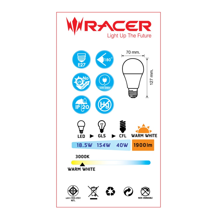 RACER หลอด KATIE LED A70 20.5W E27 3000K แสงวอร์มไวท์