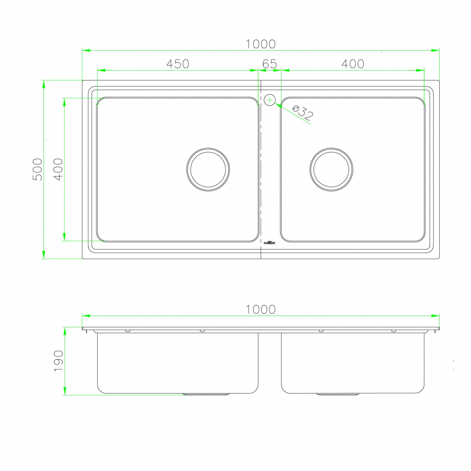 MEX อ่างล้างจาน 2 หลุม ไม่มีที่พัก 100x50x19 ซม. รุ่น ELB120BM สีสแตนเลส