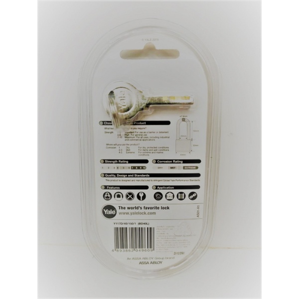 YALE กุญแจคล้องทองเหลือง ขนาด 40 มม.ห่วงยาว รุ่น Y117D/40/150/1 สีทองเหลือง