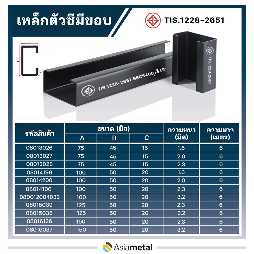 เหล็กตัวซีมีขอบ มอก. ขนาด 150 x 50 x 20 x 3.2 มม.