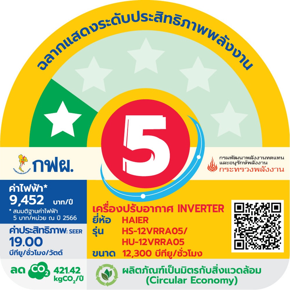HAIER เครื่องปรับอากาศ Inverter ขนาด 12,300 BTU รุ่น HSU-12VRRA05BF สีขาว