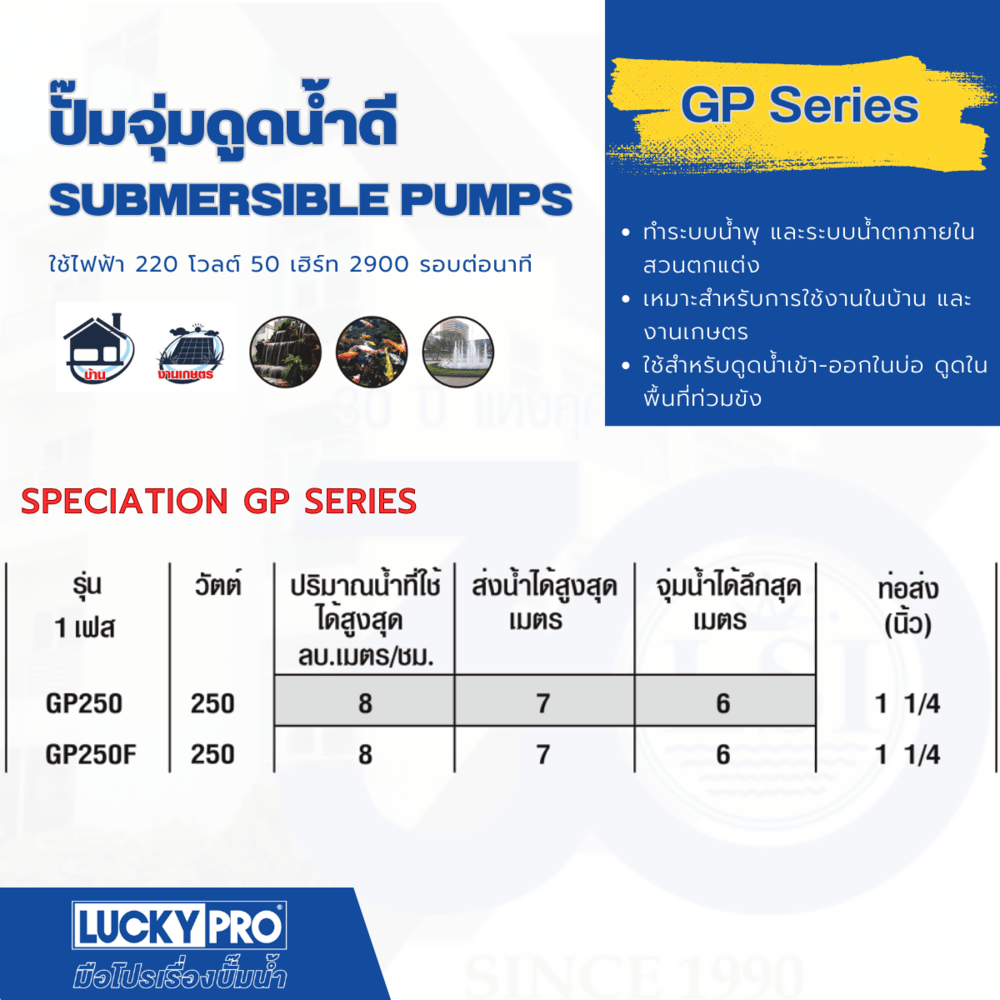 LUCKY PRO ปั๊มจุ่มพร้อมลูกลอย 250W ท่อ 1" รุ่น LP-GP250F