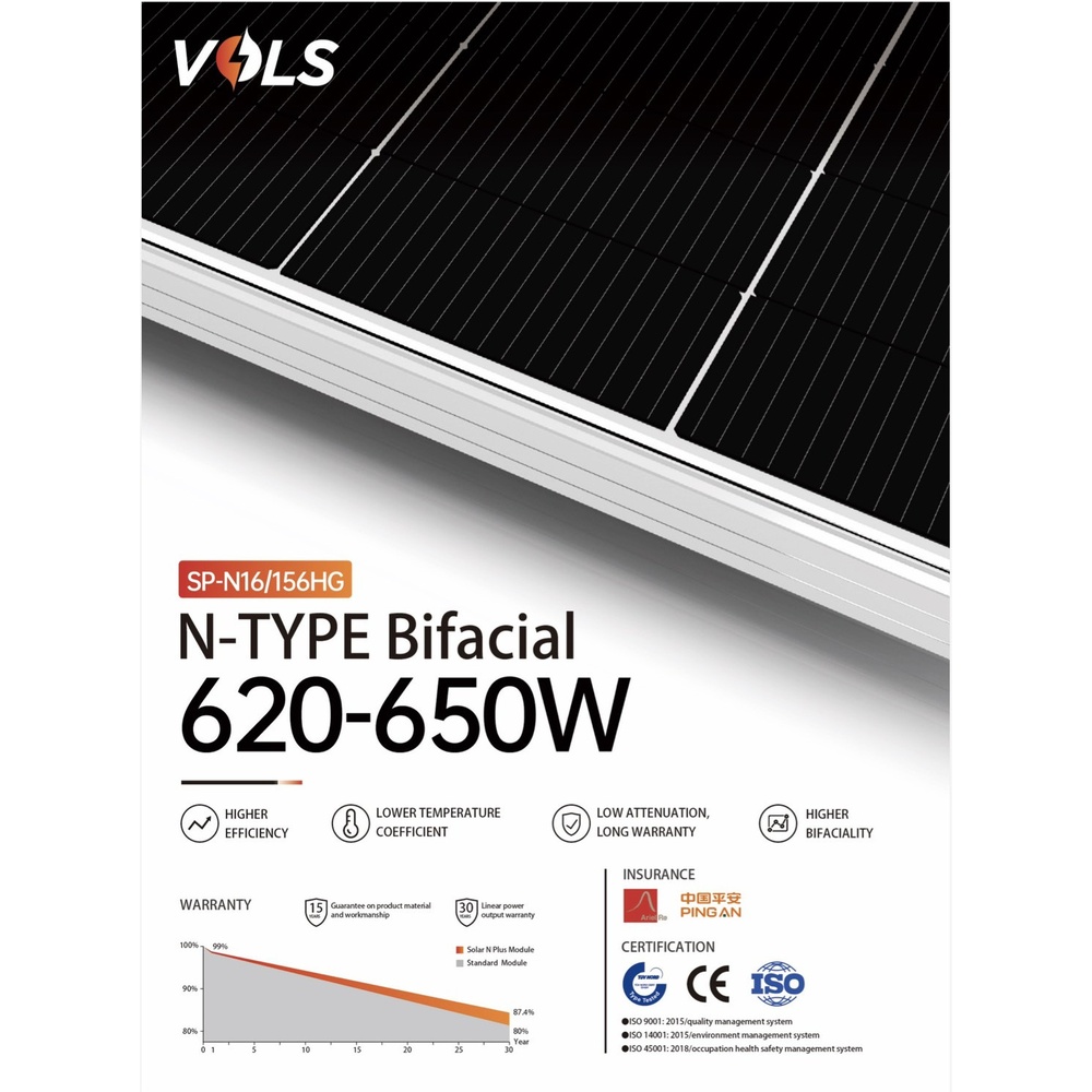 VOLS แผงโซล่าเซลล์ 625W MONOCRYSTALLINE รุ่น SP-N16/156HG N-Type Bifacila 2,465 X 1,134 X 30mm สีดำ