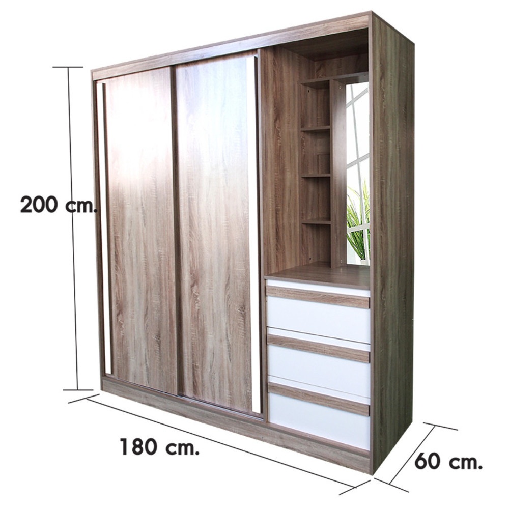 DELICATO ตู้เสื้อผ้าสองบานเลื่อน โต้ะเครื่องแป้งในตัว รุ่น อปาเช่ ขนาด180x60x200 ซม. สีทูโทนน้ำตาล/ขาว