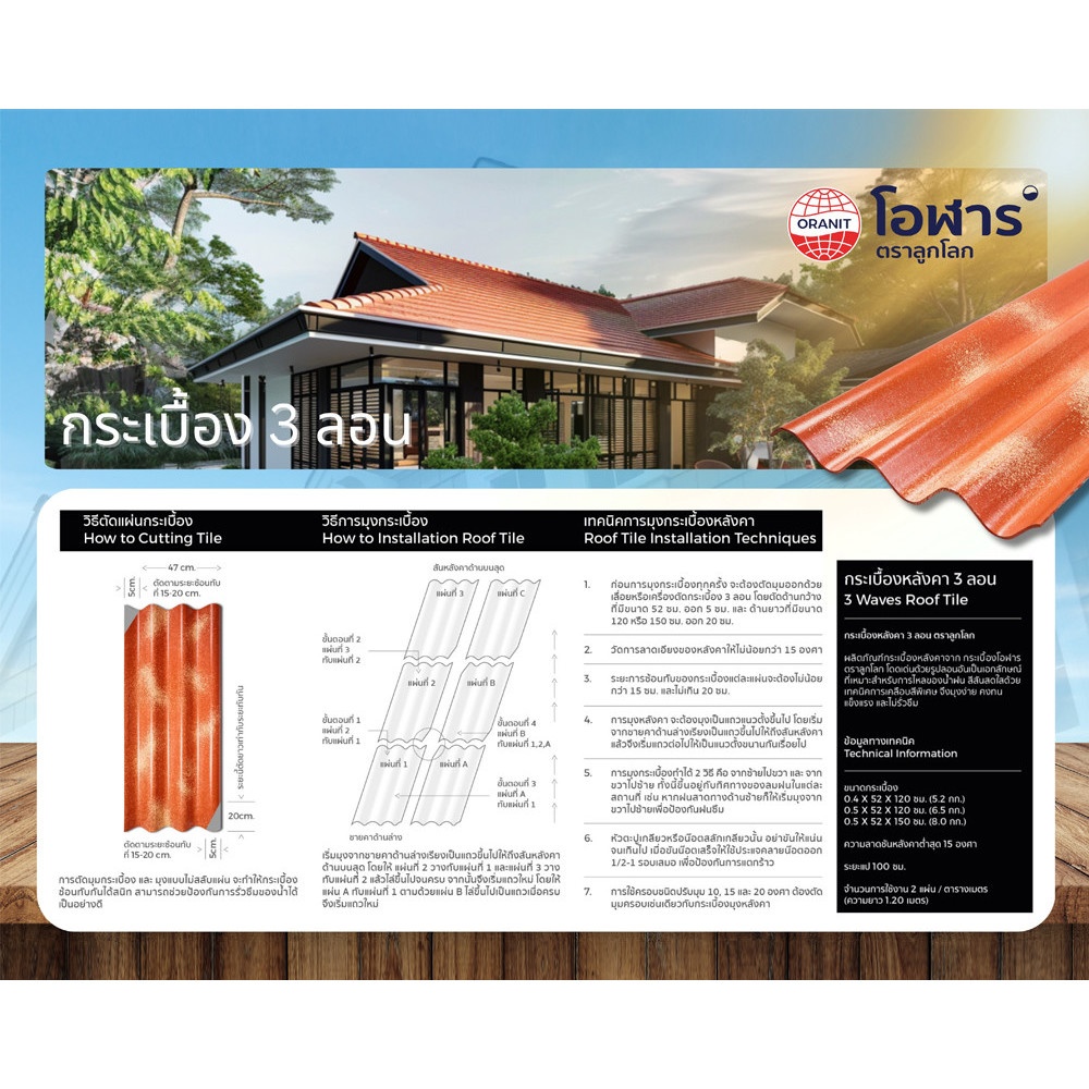 โอฬาร กระเบื้องหลังคา 3ลอน 0.5x50x120 ซม. สีประกายสมุทร