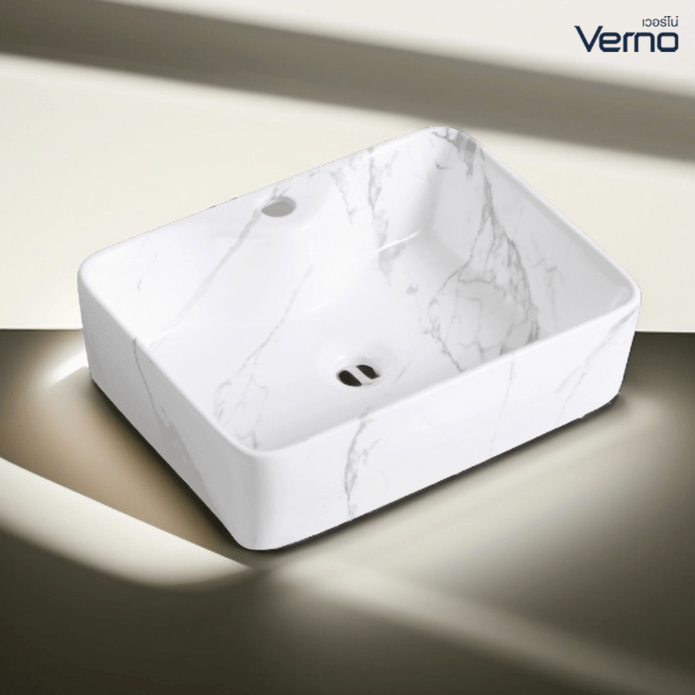 Verno อ่างวางบนเคาน์เตอร์ ขนาด 49x38x14cm รุ่น White Carara marble 7054-S ลายหินอ่อนสีขาว