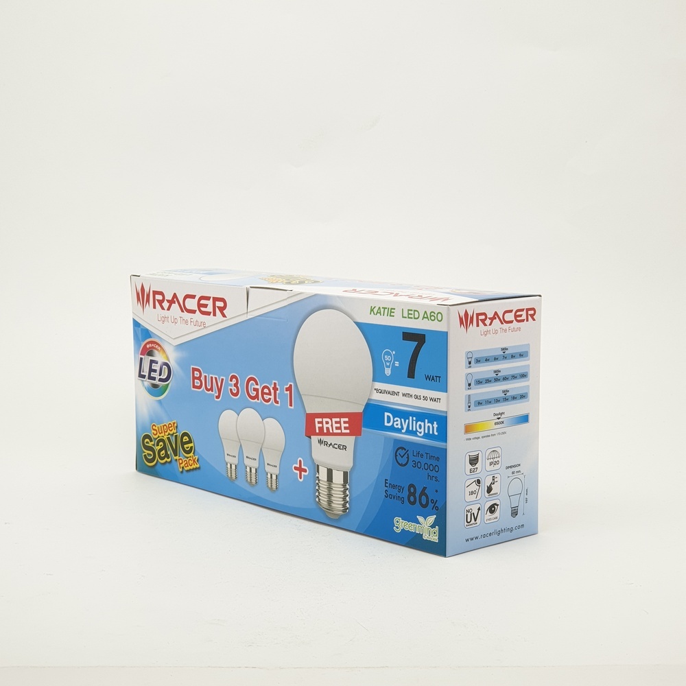 RACER หลอดไฟ LED BULB E27 7W รุ่น A60 แสงเดย์ไลท์ (แพ็ค3 ฟรี1)