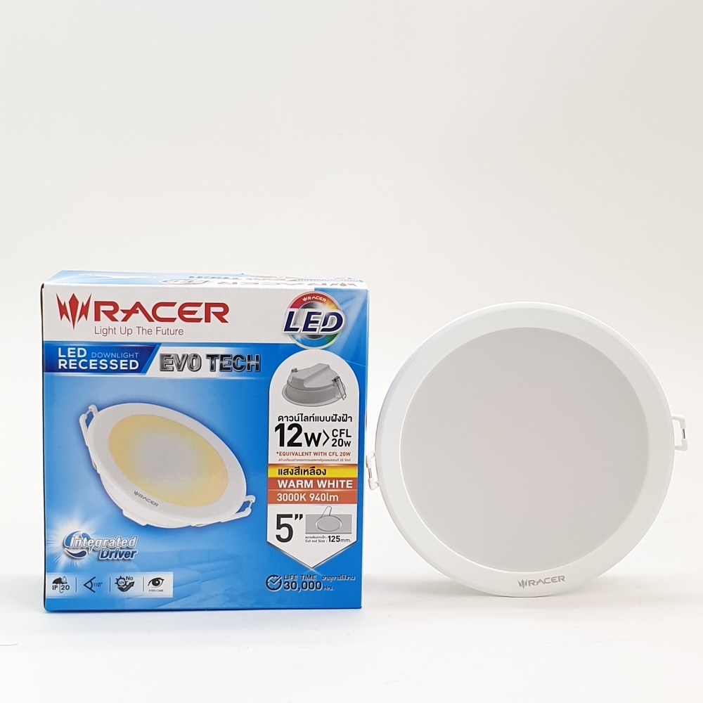 RACER โคมดาวน์ไลท์ LED แบบฝังฝ้าหน้ากลม 5นิ้ว 12W รุ่น EVO TECH แสงวอร์มไวท์