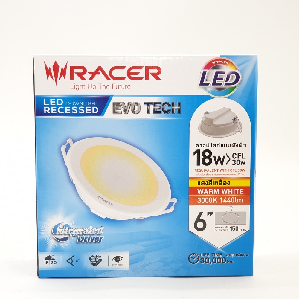 RACER โคมดาวน์ไลท์ LED แบบฝังฝ้าหน้ากลม 6นิ้ว 18W รุ่น EVO TECH แสงวอร์มไวท์