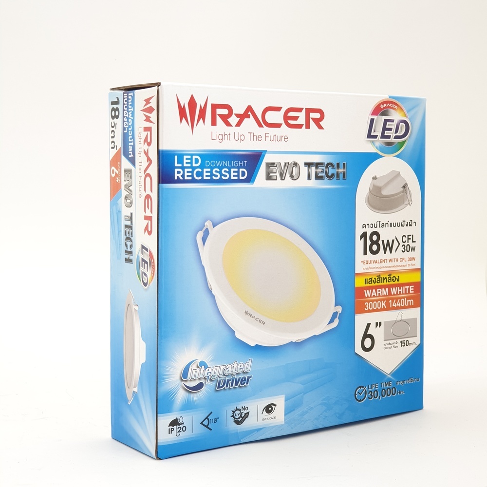 RACER โคมดาวน์ไลท์ LED แบบฝังฝ้าหน้ากลม 6นิ้ว 18W รุ่น EVO TECH แสงวอร์มไวท์