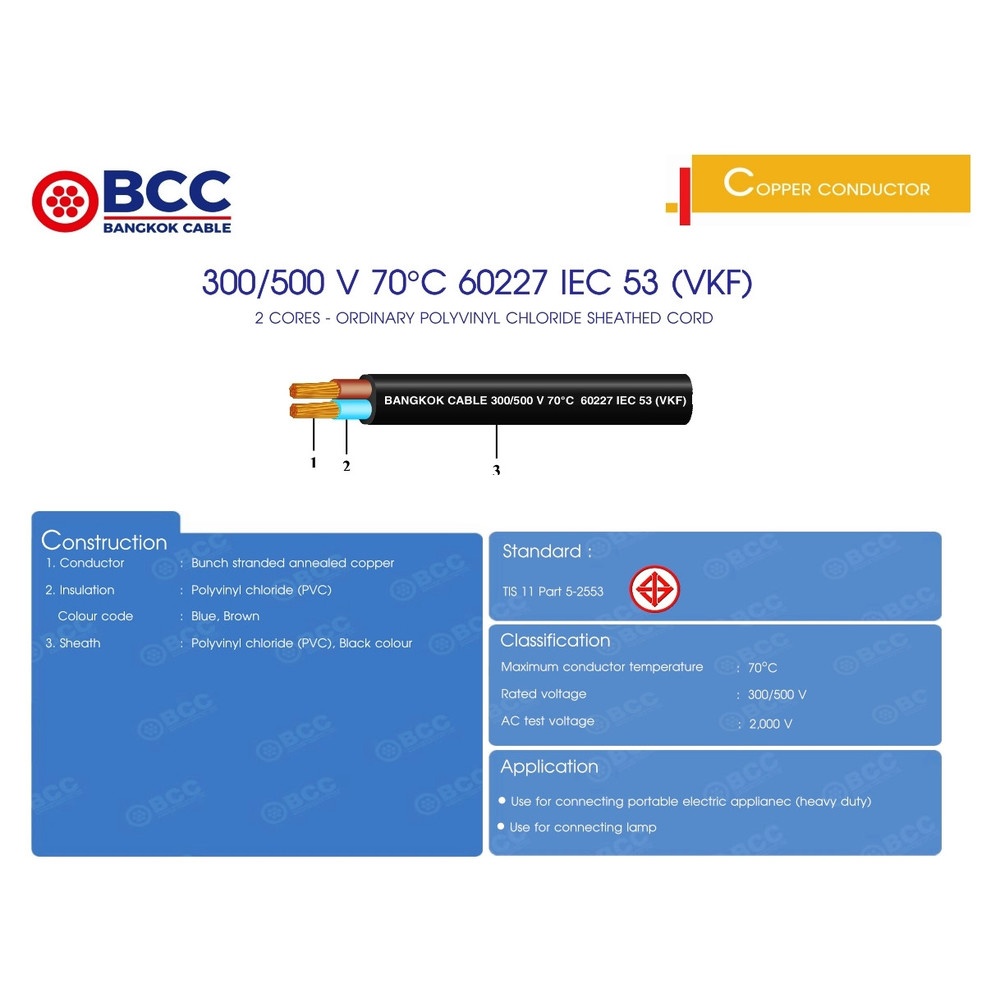 BCC สายไฟ VKF 2x1 ตร.มม. 100 m. สีเทา