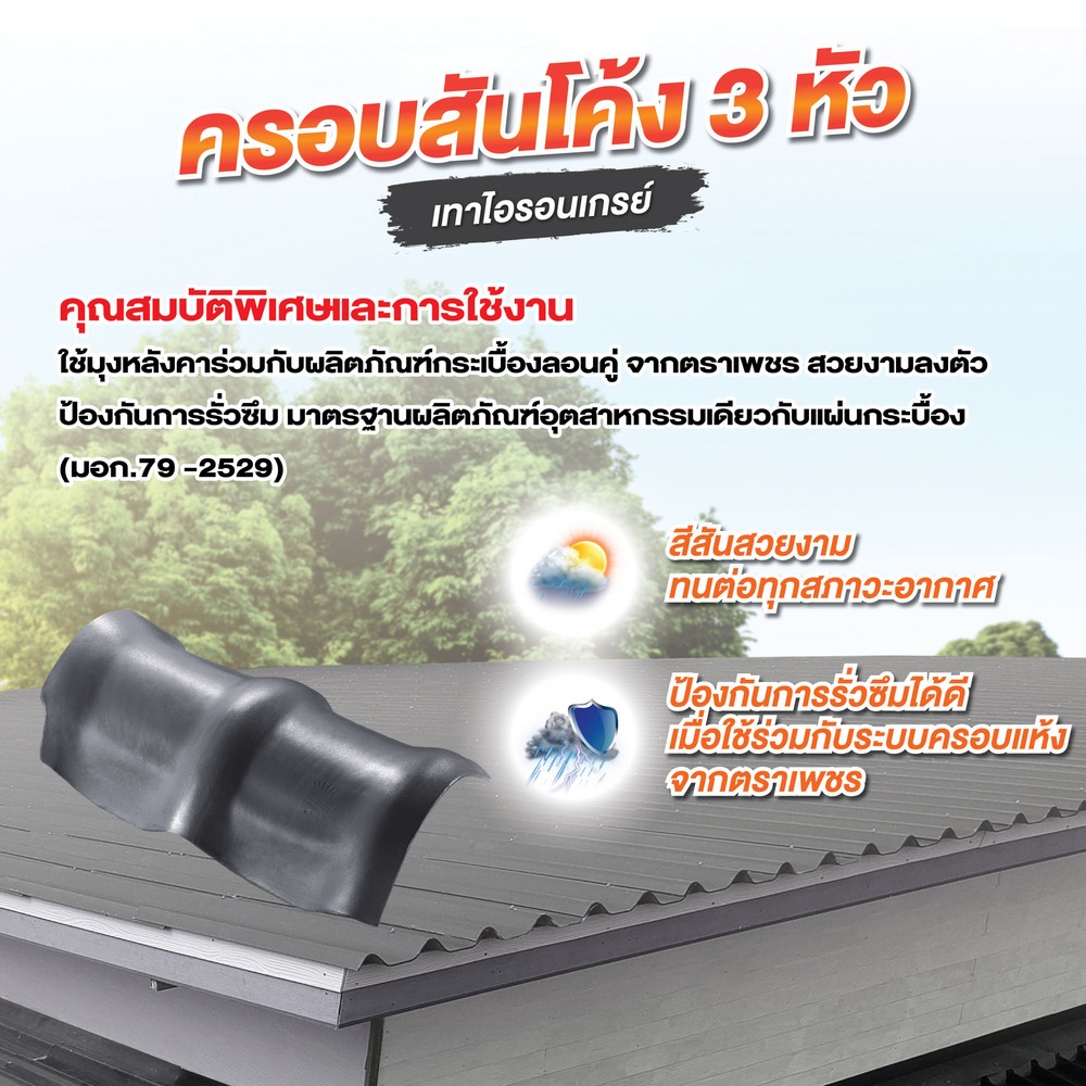 ตราเพชร ครอบสันโค้ง 3หัว หลังคาลอนคู่ สีไอรอนเกรย์