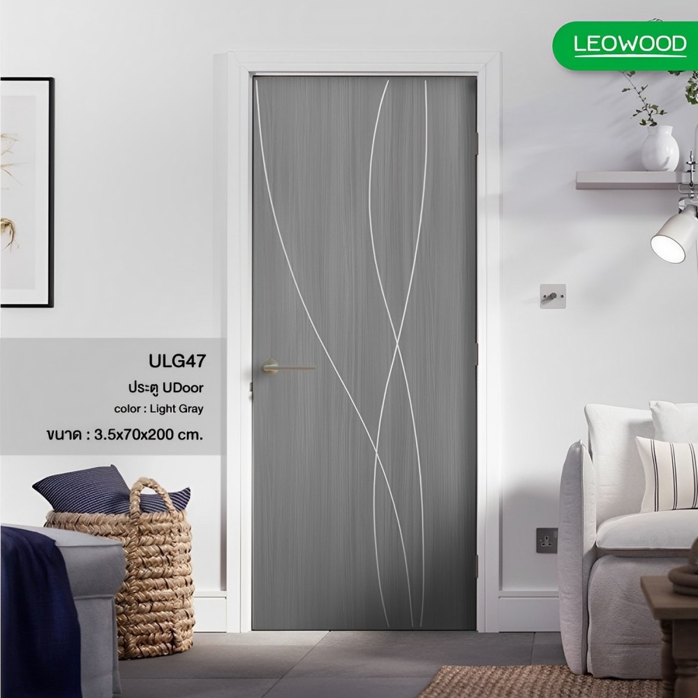 LEOWOOD ประตู UPVC กันน้ำ กันปลวก สี Light Gray ลาย G4 ขนาด 70x200 ซ.ม. (ไม่เจาะ)