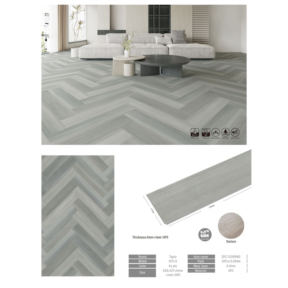 กระเบื้องยาง SPC Click lock 127x635x4+1mm มม รุ่น 29171-6 (1.774ตรม./22แผ่น) TAPIO สี Grey Pine ปูแบบก้างปลา (herringbone)