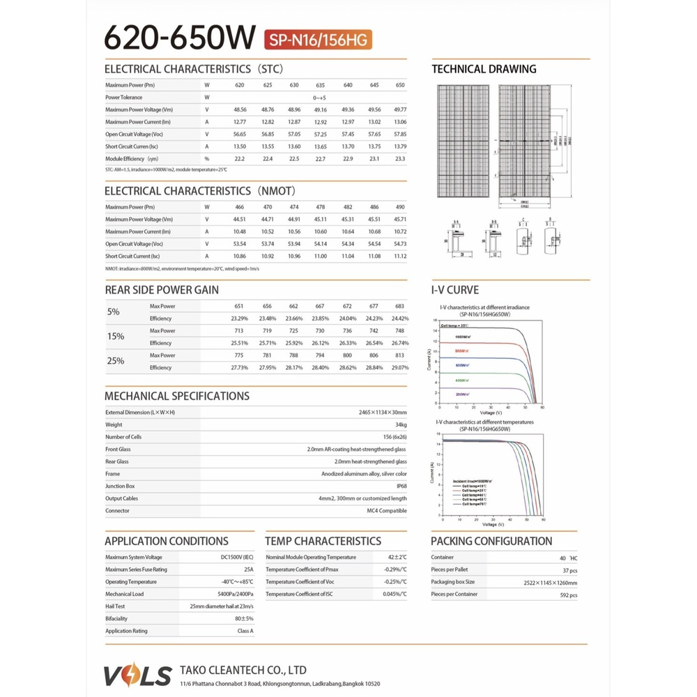 VOLS แผงโซล่าเซลล์ 625W MONOCRYSTALLINE รุ่น SP-N16/156HG N-Type Bifacila 2,465 X 1,134 X 30mm สีดำ