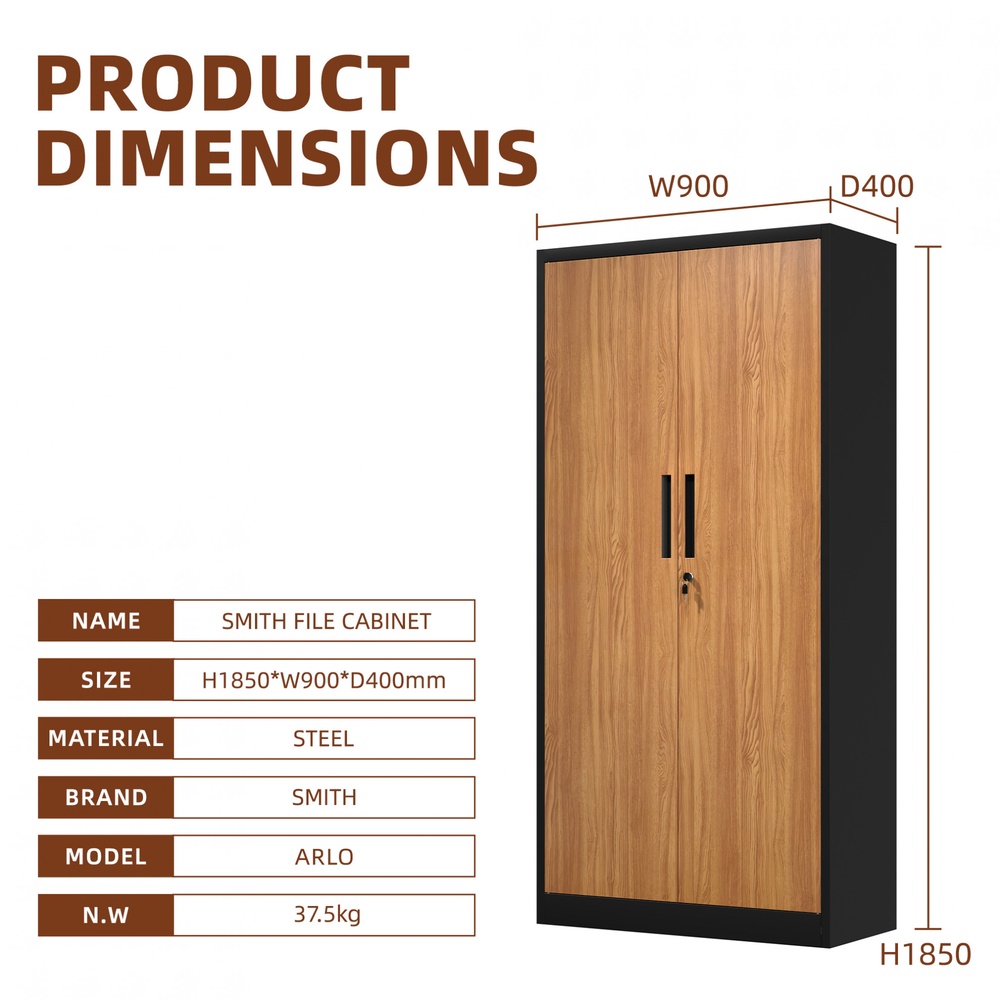SMITH ตู้เหล็กเก็บเอกสาร บานทึบ รุ่น Archie-01ขนาด 40x90x185 ซม. สีไม้-ดำ