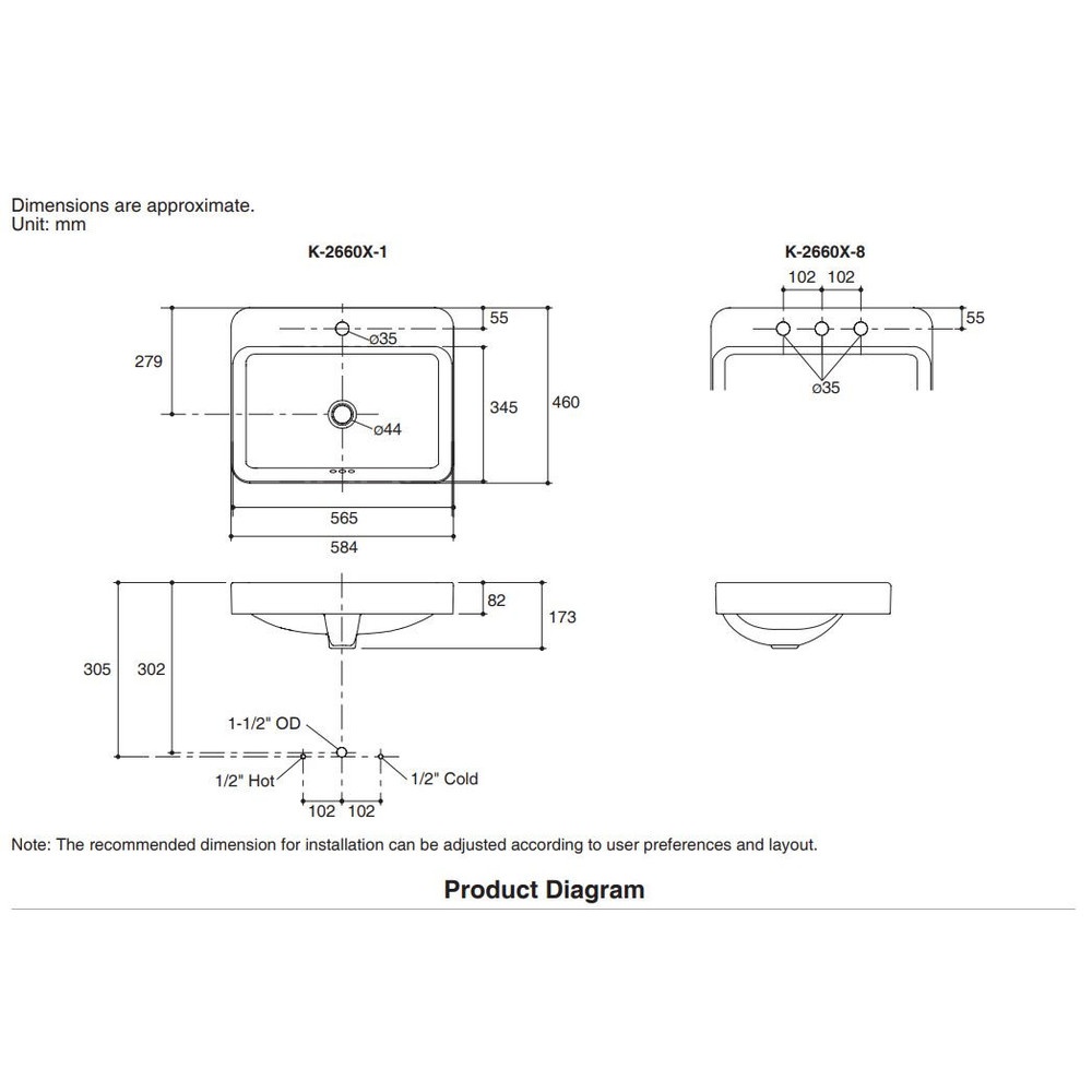 อ่างล้างหน้าแบบติดตั้งบนเคาน์เตอร์ รุ่น ฟอร์ฟร้อนท์ ทรงสี่เหลี่ยมผืนผ้า เจาะเซ็นเตอร์ 8 K-2660X-8-0 ฟอร์ฟร้อนท์ KOHLER