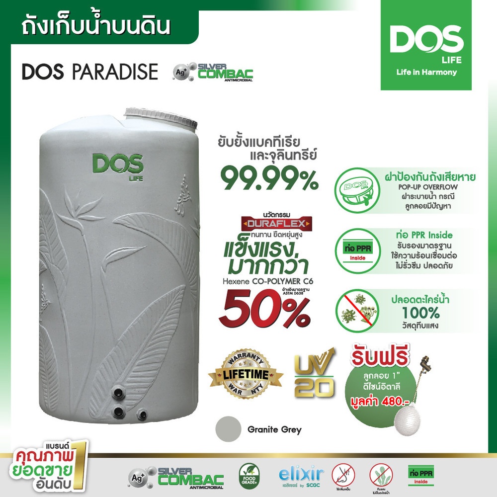 DOS ถังเก็บน้ำบนดินลายแกรนิต Paradise Silver Combac ขนาด 1000L สี Granite Gray