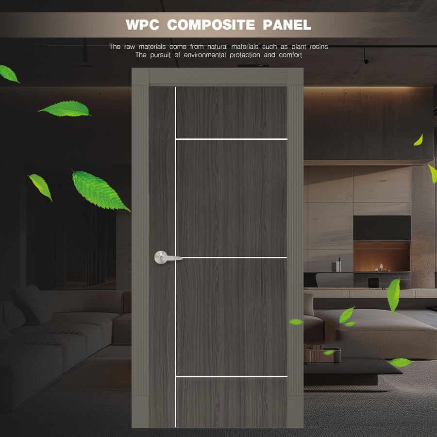 Holztur ประตู WPC รุ่น WB01 (สำหรับใช้ภายใน) แผ่นเรียบเซาะร่อง ขนาด 80x200 ซม. สีวอลนัท (ไม่เจาะลูกบิด)